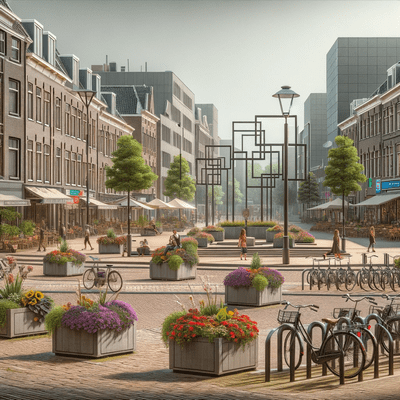 Stadsplein met hufterproof kunstwerk, fietsen en bloembakken